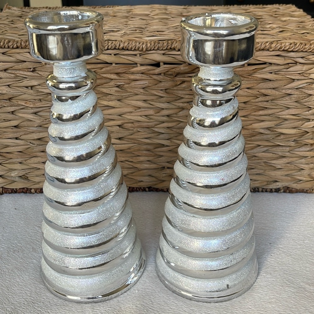 Set of 2 Silver and White Glisten Swirl Tree Holiday Winter Candle Holder